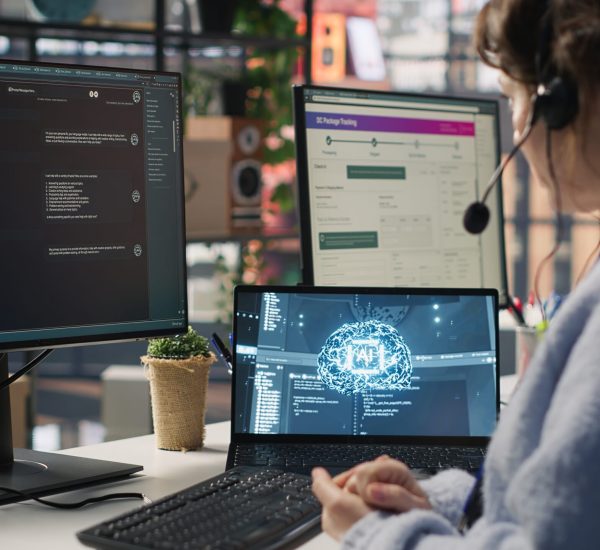 Worker providing live chat support, typing on keyboard, using AI chatbot to handle clients complaints. Call center agent dealing with unsatisfied customers using artificial intelligence LLM, camera A